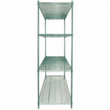 A green epoxy-coated shelving unit with four evenly spaced shelves, viewed from the front. Supported by vertical poles at each corner, this NSF metal wire structure stands empty against a plain white background.