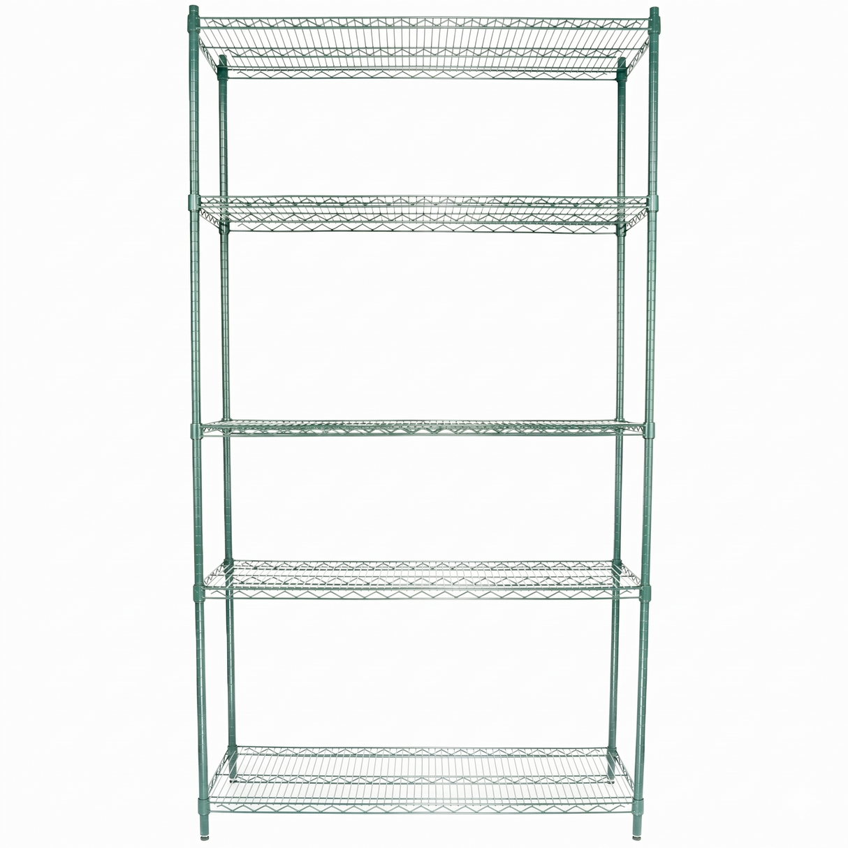 A tall, green epoxy-coated shelving unit with five evenly spaced shelves. The minimalist frame features thin rods and open grid shelves, making it NSF certified—ideal for storage or organizing. The background is plain white.