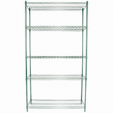 A tall, green epoxy-coated shelving unit with five evenly spaced shelves. The minimalist frame features thin rods and open grid shelves, making it NSF certified—ideal for storage or organizing. The background is plain white.