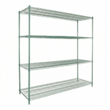 A four-tiered, green epoxy-coated metal wire shelving unit with an open frame and mesh shelves stands on four vertical posts. The plain white background highlights this sturdy, NSF industrial-style storage rack.