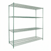 A four-tiered, green epoxy-coated metal wire shelving unit with an open frame and mesh shelves stands on four vertical posts. The plain white background highlights this sturdy, NSF industrial-style storage rack.