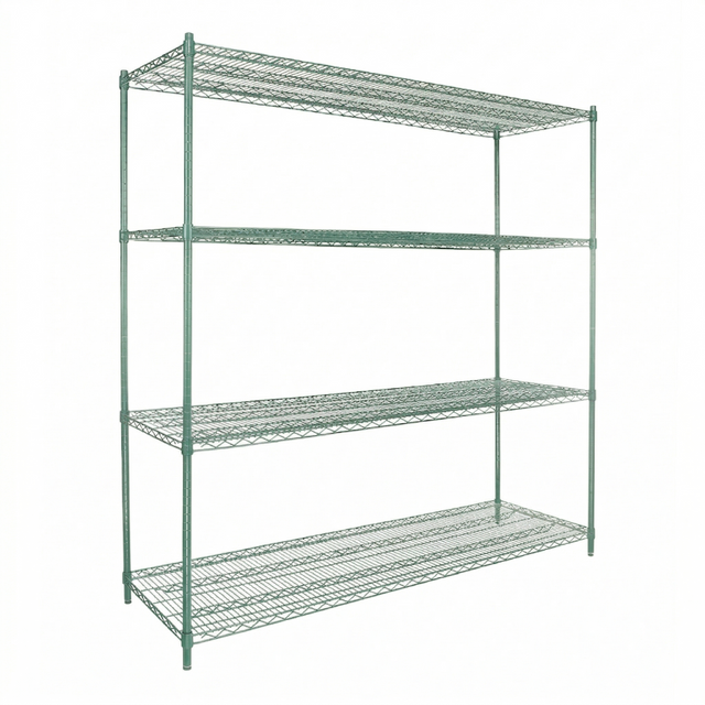A four-tiered, green epoxy-coated metal wire shelving unit with an open frame and mesh shelves stands on four vertical posts. The plain white background highlights this sturdy, NSF industrial-style storage rack.