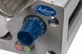 Close-up of a Chefmate Series compact slicer with a blue numbered dial from 0 to 15, two green and red buttons below, and a metallic finish. The Chefmate logo appears on a blue oval label above the dial—model Globe GC512.