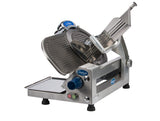 A commercial-grade Chefmate Series stainless steel 12 inch slicer with a circular blade, adjustable thickness knob, safety guard, and food tray. This compact slicer with blue branding sits on four black feet against a white background.