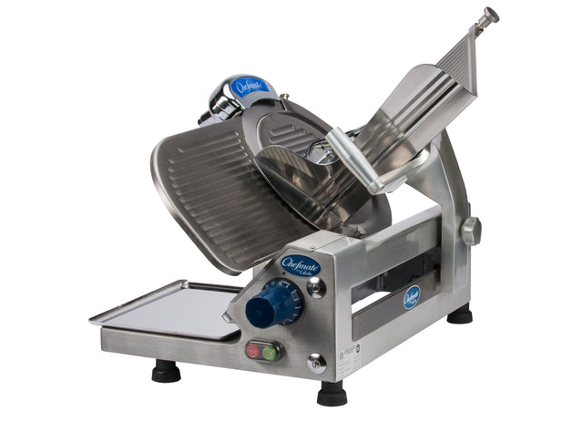 A commercial-grade Chefmate Series stainless steel 12 inch slicer with a circular blade, adjustable thickness knob, safety guard, and food tray. This compact slicer with blue branding sits on four black feet against a white background.