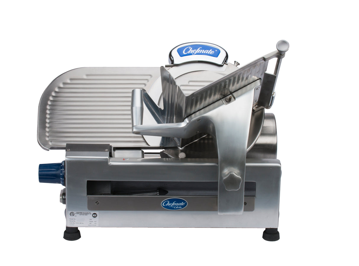 A commercial-grade Chefmate Series meat slicer with a metallic body, large circular blade, and safety guard. This compact slicer is positioned on a white background, highlighting the handle, blade, and adjustable thickness knob in side view.