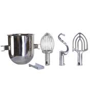 A stainless steel bowl and four metal stand mixer attachments—compatible with the SP20 mixer—are arranged upright on a plain white background, including a wire whisk, dough hook, flat beater, and a small flat accessory.