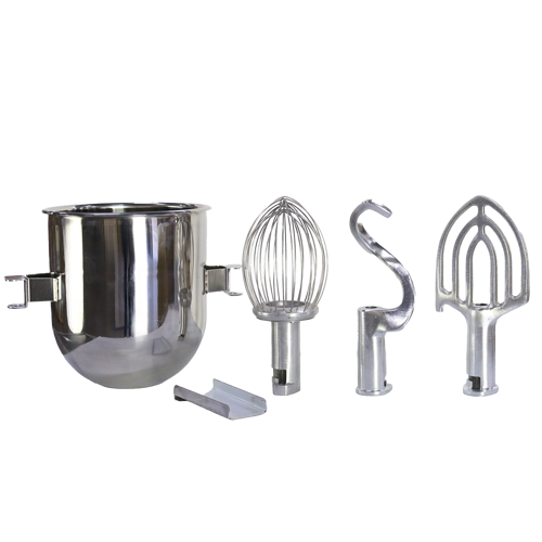A stainless steel bowl and four metal stand mixer attachments—compatible with the SP20 mixer—are arranged upright on a plain white background, including a wire whisk, dough hook, flat beater, and a small flat accessory.