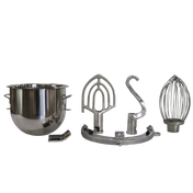 Five metal stand mixer attachments compatible with the SP30 mixer are shown: a 20 qt. stainless steel bowl, a flat beater, a dough hook, a whisk, and a bowl guard. All items are arranged in a row on a white background.