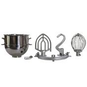 Four metal mixer attachments are arranged side by side: a stainless steel bowl, beater, dough hook, and balloon whisk compatible with the SP60P mixer. All are clean and shiny against a plain white background.
