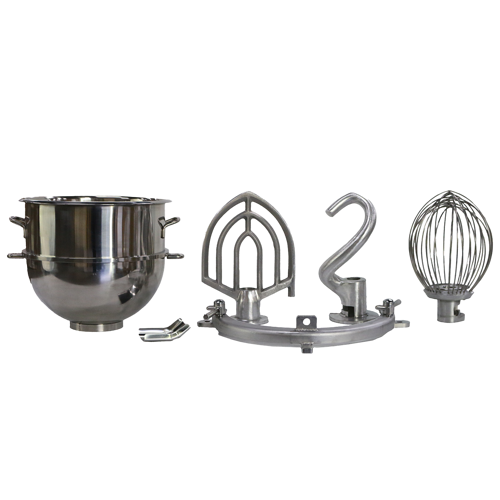 Four metal mixer attachments are arranged side by side: a stainless steel bowl, beater, dough hook, and balloon whisk compatible with the SP60P mixer. All are clean and shiny against a plain white background.