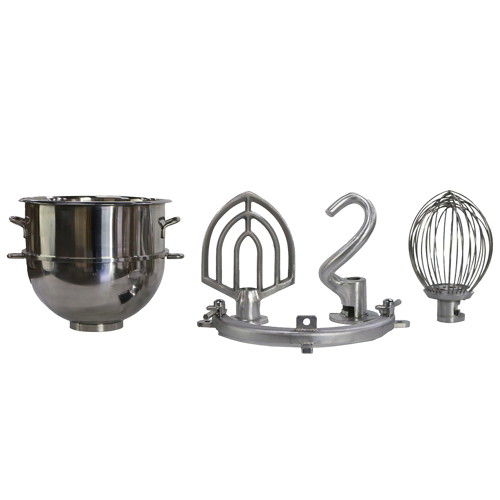 Four stainless steel stand mixer attachments are shown against a white background: a 40 quart stainless steel bowl, a flat beater, a dough hook, and a wire whisk—compatible with the Globe XXACC40-80 or SP80PL mixer adapter kit.