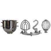 Four stainless steel stand mixer attachments are shown against a white background: a 40 quart stainless steel bowl, a flat beater, a dough hook, and a wire whisk—compatible with the Globe XXACC40-80 or SP80PL mixer adapter kit.
