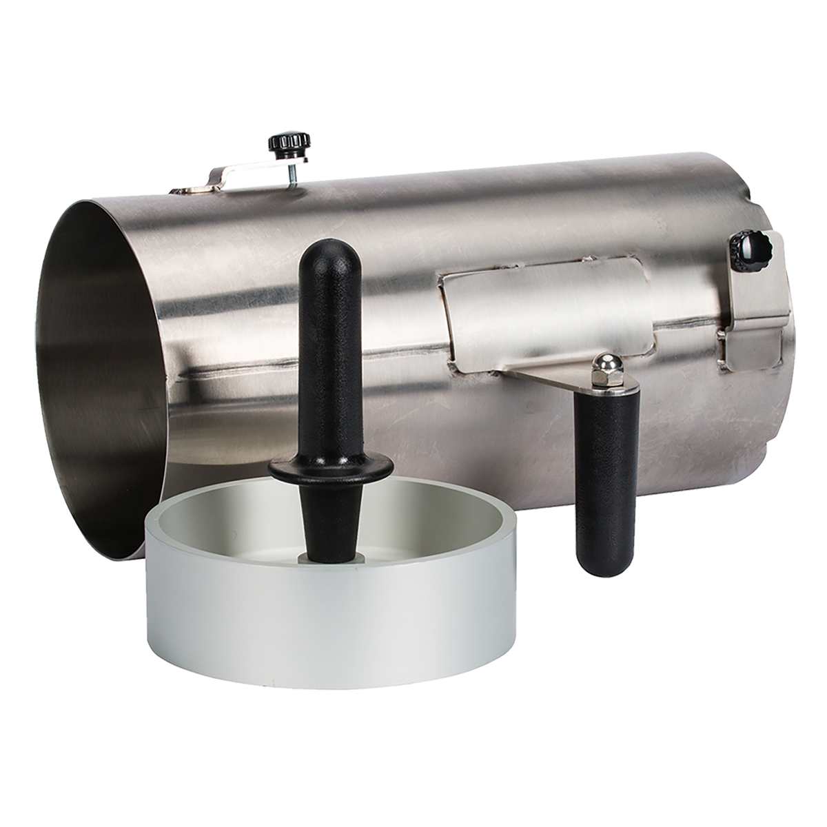 A stainless steel sausage stuffer attachment with a cylindrical body, black handle, and round white press. The main tube features a clamp, adjustment knob, and tubular chute for easy operation, similar to a Globe slicer’s vegetable hopper.
