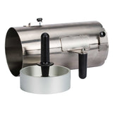 A stainless steel sausage stuffer attachment with a cylindrical body, black handle, and round white press. The main tube features a clamp, adjustment knob, and tubular chute for easy operation, similar to a Globe slicer’s vegetable hopper.