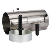 A stainless steel sausage stuffer attachment with a cylindrical body, black handle, and round white press. The main tube features a clamp, adjustment knob, and tubular chute for easy operation, similar to a Globe slicer’s vegetable hopper.
