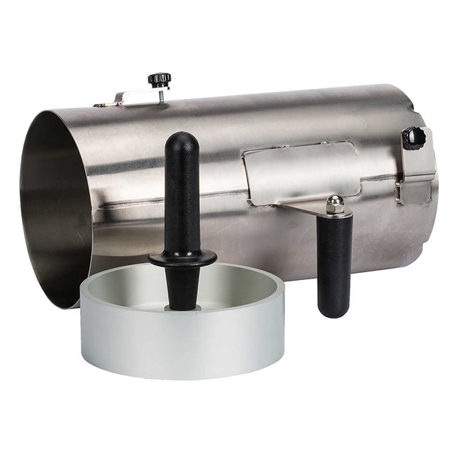 A stainless steel sausage stuffer attachment with a cylindrical body, black handle, and round white press. The main tube features a clamp, adjustment knob, and tubular chute for easy operation, similar to a Globe slicer’s vegetable hopper.