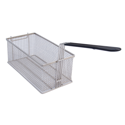 A rectangular metal fryer basket with a long black plastic handle is shown on a plain white background. This fine mesh Globe BASKET1530 is ideal for holding food while frying in hot oil, making it perfect for use with basket for gas fryers.