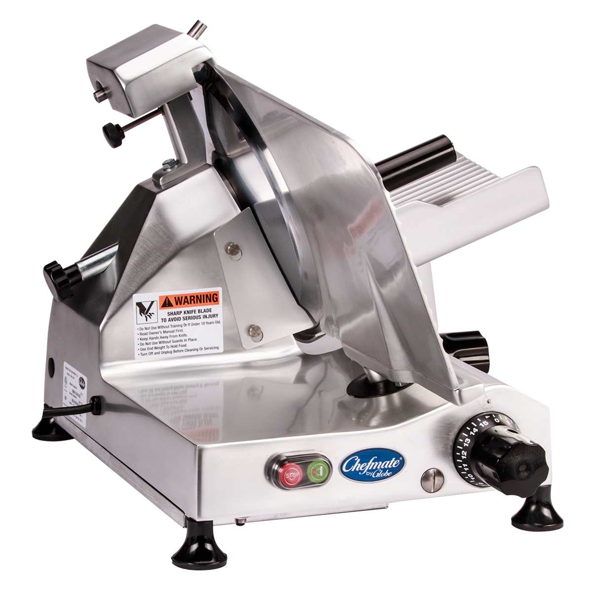 A Chefmate food slicer, crafted from stainless steel, features a circular blade, 12" knife, adjustable thickness knob, on/off buttons, safety warning labels, and non-slip feet. This electric slicer is set against a pristine white background.