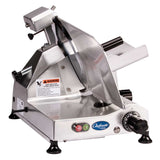 A Chefmate food slicer, crafted from stainless steel, features a circular blade, 12" knife, adjustable thickness knob, on/off buttons, safety warning labels, and non-slip feet. This electric slicer is set against a pristine white background.