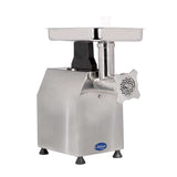 A stainless steel Chefmate electric meat chopper with a #12 head size features a square tray, feed tube, and perforated plate. It stands on four rubber feet and sports a blue oval logo on the lower front panel.