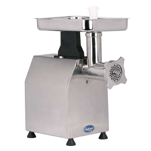 The Chefmate CM22 is a stainless steel electric meat chopper featuring a large rectangular tray, a cylindrical feed tube, and a perforated grinding plate. Its modern design stands on four black rubber feet for stability and style.