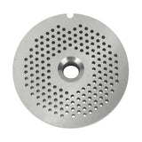 A round, flat Chopper Plate with a large central hole and many smaller holes in concentric circles, compatible with the CC12 meat chopper. The smooth, slightly reflective metal surface features a small notch at the edge.