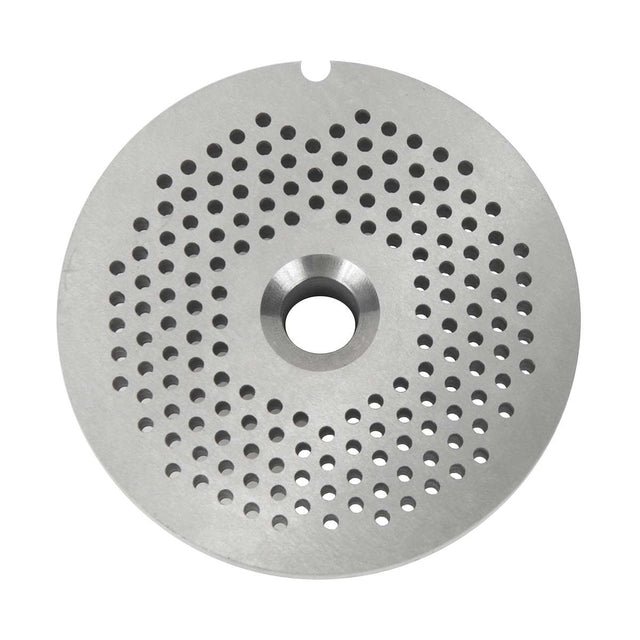 A round, flat Chopper Plate with a large central hole and many smaller holes in concentric circles, compatible with the CC12 meat chopper. The smooth, slightly reflective metal surface features a small notch at the edge.