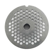 A round, flat metal chopper plate for Varimixer with a central hole and concentric rings of 5/32" (4mm) holes across its smooth, slightly reflective surface; features a small notch on the outer edge.