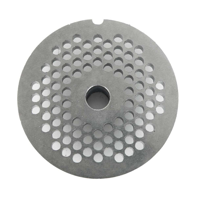 A round, flat metal chopper plate for Varimixer with a central hole and concentric rings of 5/32" (4mm) holes across its smooth, slightly reflective surface; features a small notch on the outer edge.