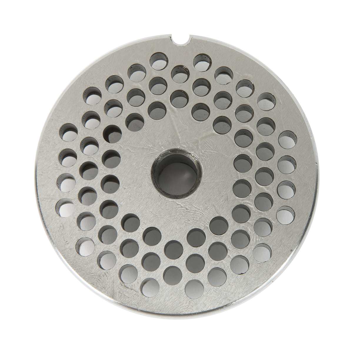 A round metal 3/16" Chopper Plate with a central hole and multiple circular holes in concentric patterns. The steel plate, likely for a Varimixer meat grinder or similar appliance, features a small notch on its edge and a brushed finish.