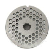 A round metal 3/16" Chopper Plate with a central hole and multiple circular holes in concentric patterns. The steel plate, likely for a Varimixer meat grinder or similar appliance, features a small notch on its edge and a brushed finish.