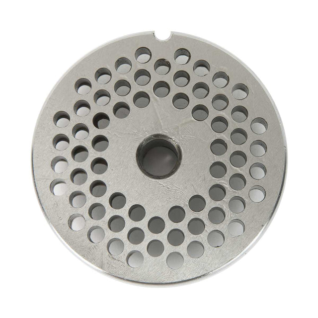 A round metal 3/16" Chopper Plate with a central hole and multiple circular holes in concentric patterns. The steel plate, likely for a Varimixer meat grinder or similar appliance, features a small notch on its edge and a brushed finish.