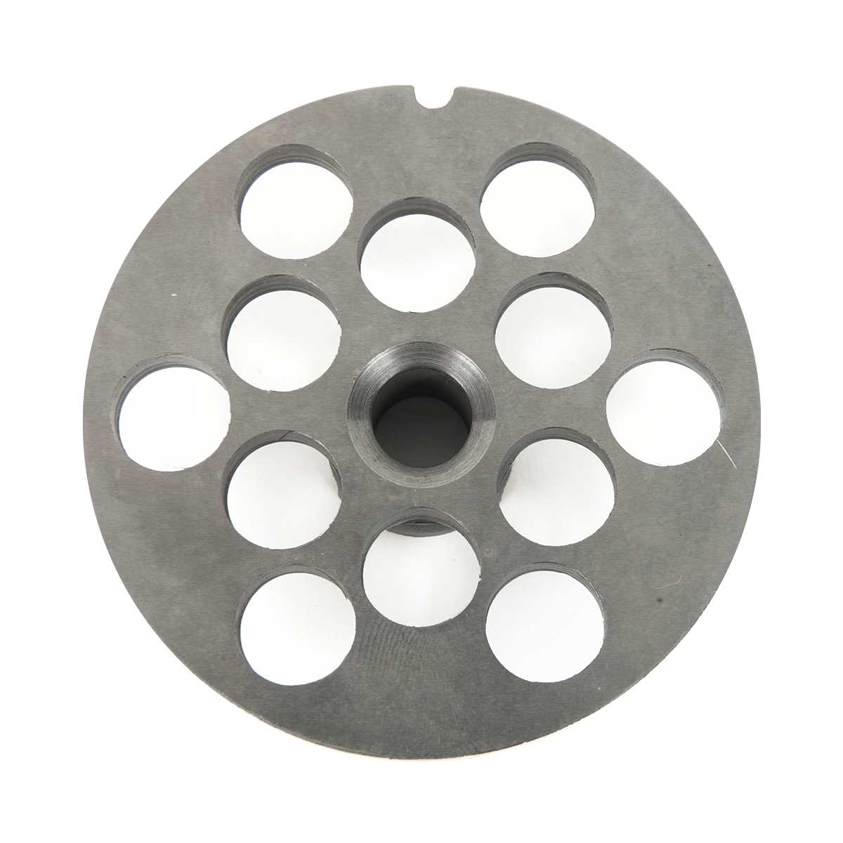 A Varimixer chopper plate, 1/2" (12mm), is a round metal disc with a central threaded hole and eleven evenly spaced circular holes around it, resembling a gear or machine part, viewed from above on a white background.