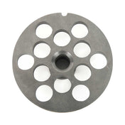 A Varimixer chopper plate, 1/2" (12mm), is a round metal disc with a central threaded hole and eleven evenly spaced circular holes around it, resembling a gear or machine part, viewed from above on a white background.