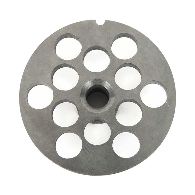 A Varimixer chopper plate, 1/2" (12mm), is a round metal disc with a central threaded hole and eleven evenly spaced circular holes around it, resembling a gear or machine part, viewed from above on a white background.