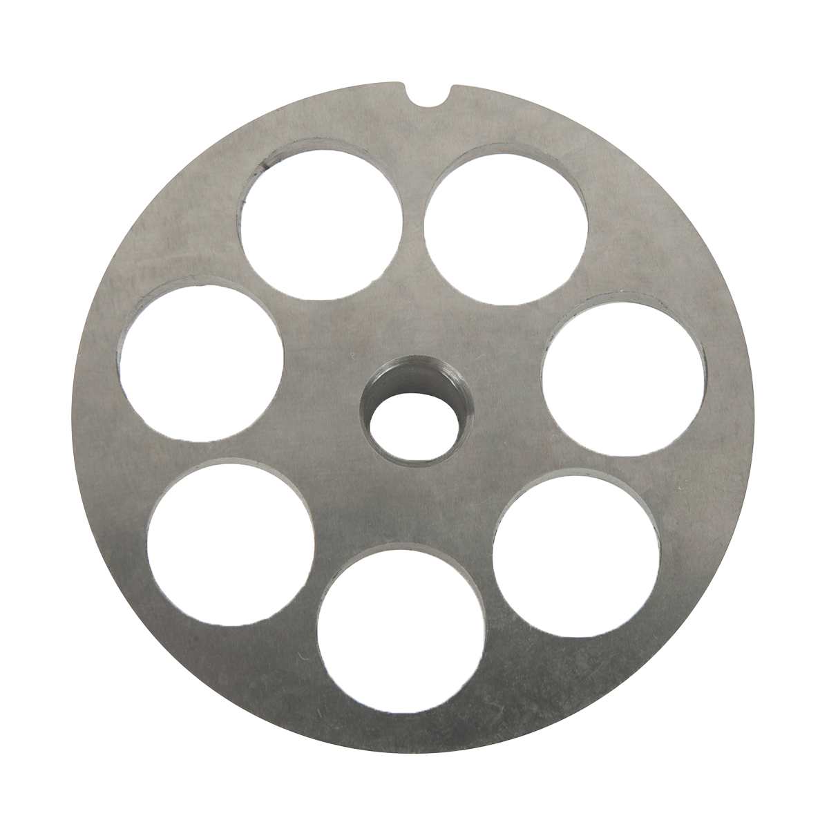 A round, flat metal disc resembling a Varimixer chopper plate, featuring seven large 18mm evenly spaced holes, a smaller central hole, and a small notch on the edge. The surface is smooth, similar to a meat grinder or machinery part.
