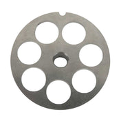 A round, flat metal disc resembling a Varimixer chopper plate, featuring seven large 18mm evenly spaced holes, a smaller central hole, and a small notch on the edge. The surface is smooth, similar to a meat grinder or machinery part.