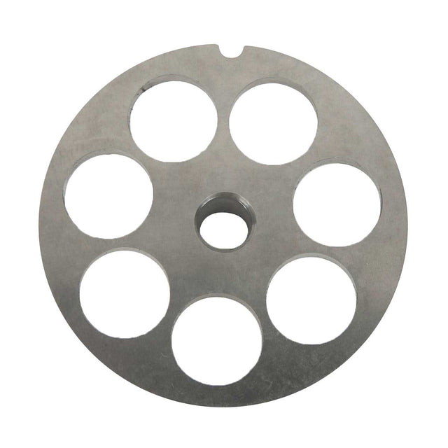 A round, flat metal disc resembling a Varimixer chopper plate, featuring seven large 18mm evenly spaced holes, a smaller central hole, and a small notch on the edge. The surface is smooth, similar to a meat grinder or machinery part.