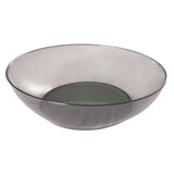 A translucent, shallow, round plastic bowl with smooth sides and a flat base. The bowl, suitable for use with a Globe Middleby portion control scale, is empty and made of smoky gray tinted material against a plain white background.