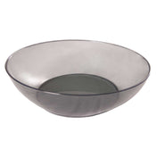 A translucent, shallow, round plastic bowl with smooth sides and a flat base. The bowl, suitable for use with a Globe Middleby portion control scale, is empty and made of smoky gray tinted material against a plain white background.