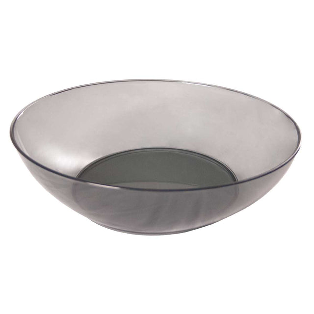 A translucent, shallow, round plastic bowl with smooth sides and a flat base. The bowl, suitable for use with a Globe Middleby portion control scale, is empty and made of smoky gray tinted material against a plain white background.