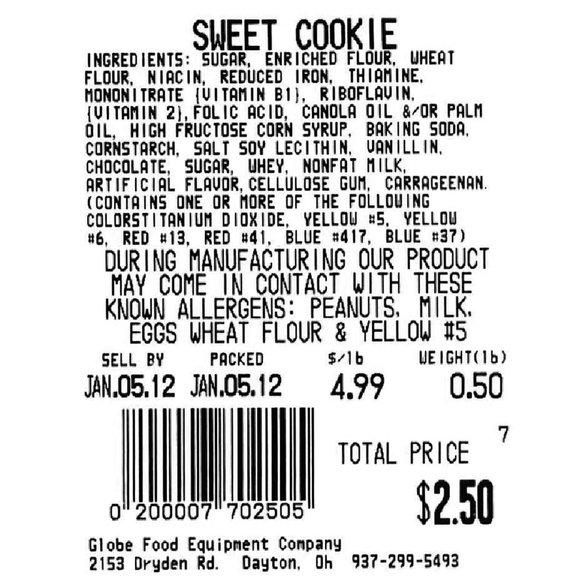 Black and white ingredient labels for Sweet Cookie display allergens, price, weight (from GSP30A scales), barcode, manufacturer details, and date (Jan. 5, 2012), produced using Globe E13 from Globe Food Equipment Company.