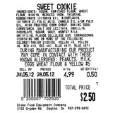 Black and white ingredient labels for Sweet Cookie display allergens, price, weight (from GSP30A scales), barcode, manufacturer details, and date (Jan. 5, 2012), produced using Globe E13 from Globe Food Equipment Company.