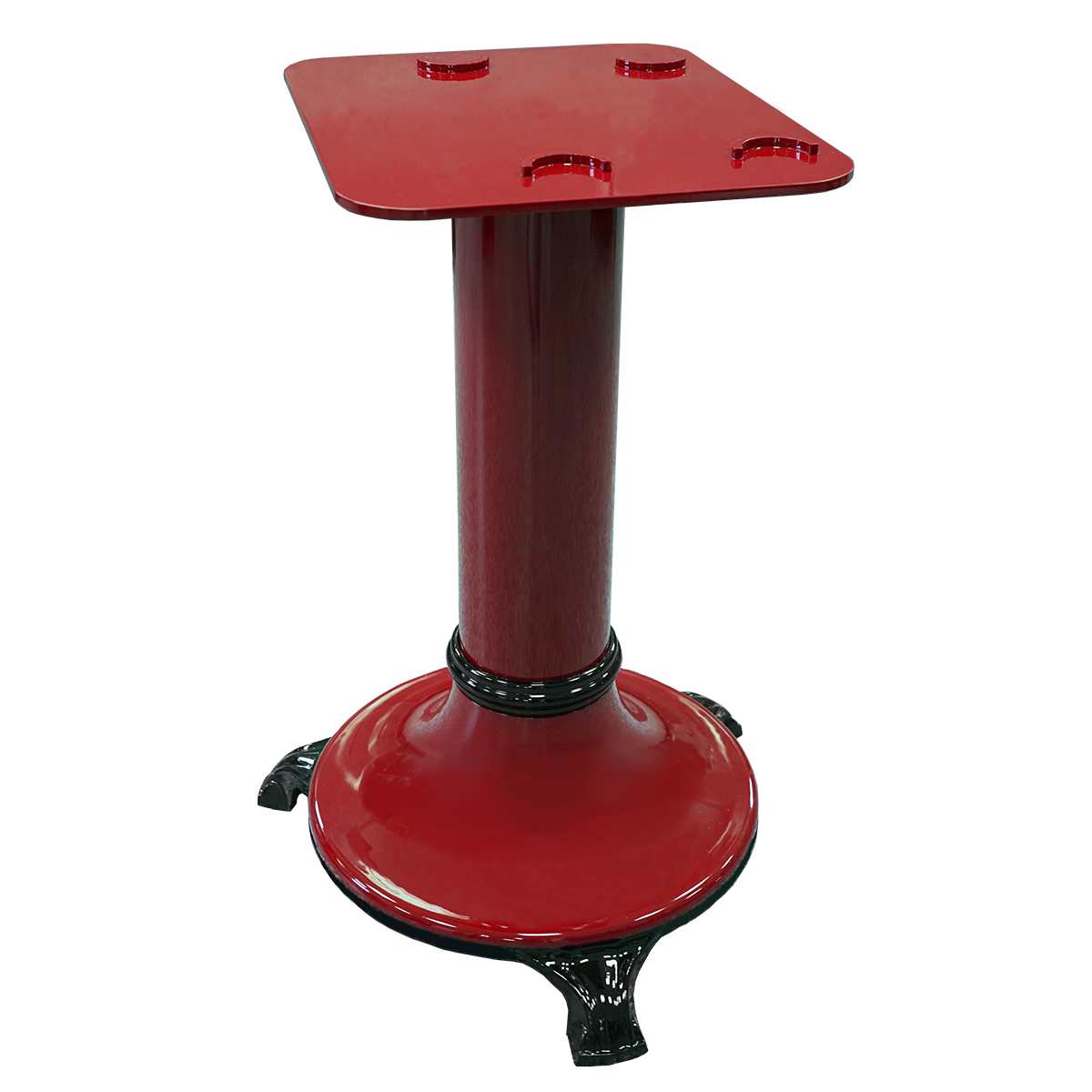 A red, heavy-duty pedestal table base with a square mounting plate on top, cylindrical central column, and round stepped base with three black feet—ideal as a flywheel slicer stand or FS12 slicer support. The glossy finish adds a modern touch.