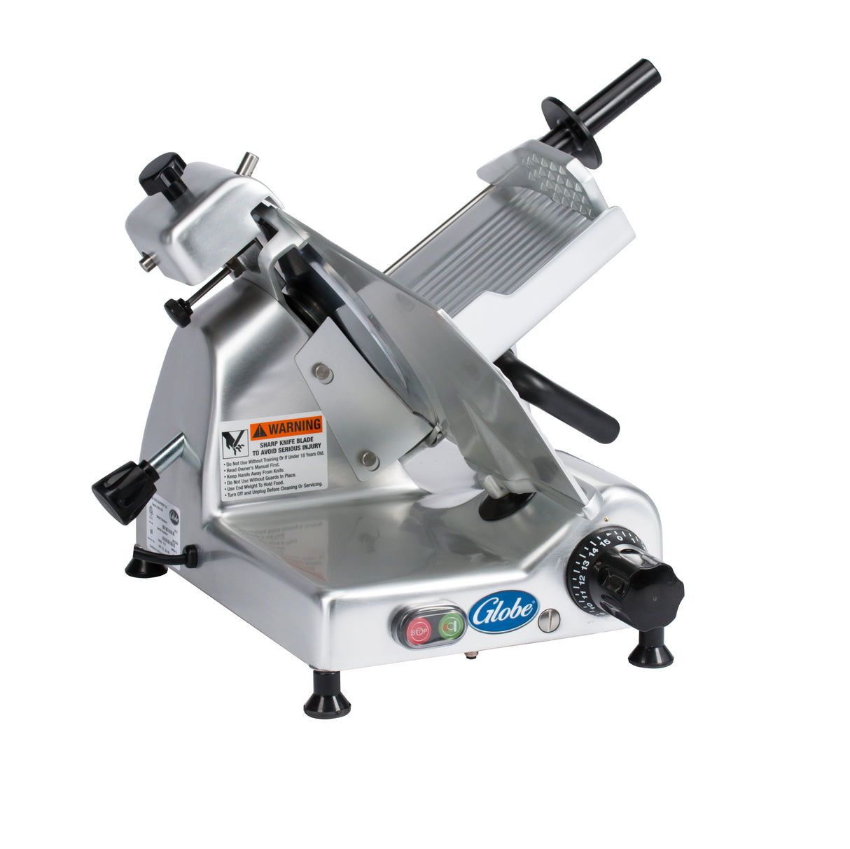 A commercial-grade silver food slicer with a 10" diameter knife, adjustable thickness knob, safety warning label, and black handle for pushing meat. The base has power buttons and a “Globe” logo. Its tilted design ensures efficient slicing.