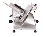 The Globe G12 is a stainless steel food slicer with a large 12" manual slicer blade, adjustable thickness knob, food carriage, and black handles. Its angled design and rubber feet make it ideal for kitchens or delis to slice meats and cheeses.