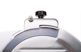Close-up photo of a Globe G12 12" manual slicer, highlighting the sharp circular blade partially covered by a metal guard. A black adjustment knob and silver control lever are visible on top against a white background.