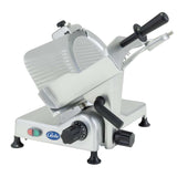 A Globe G12 food slicer with a silver body, black handles, dials, and a circular blade. This 12" manual slicer features a thickness adjustment knob, suction cup feet, and the Globe brand name on the front. Set against a white background.