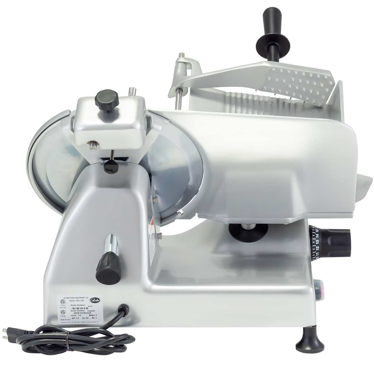 A commercial-grade Globe G12 food slicer with a 12" circular blade, adjustable thickness dial, food pusher handle, and a power cord coiled at the base, is shown on a white background.